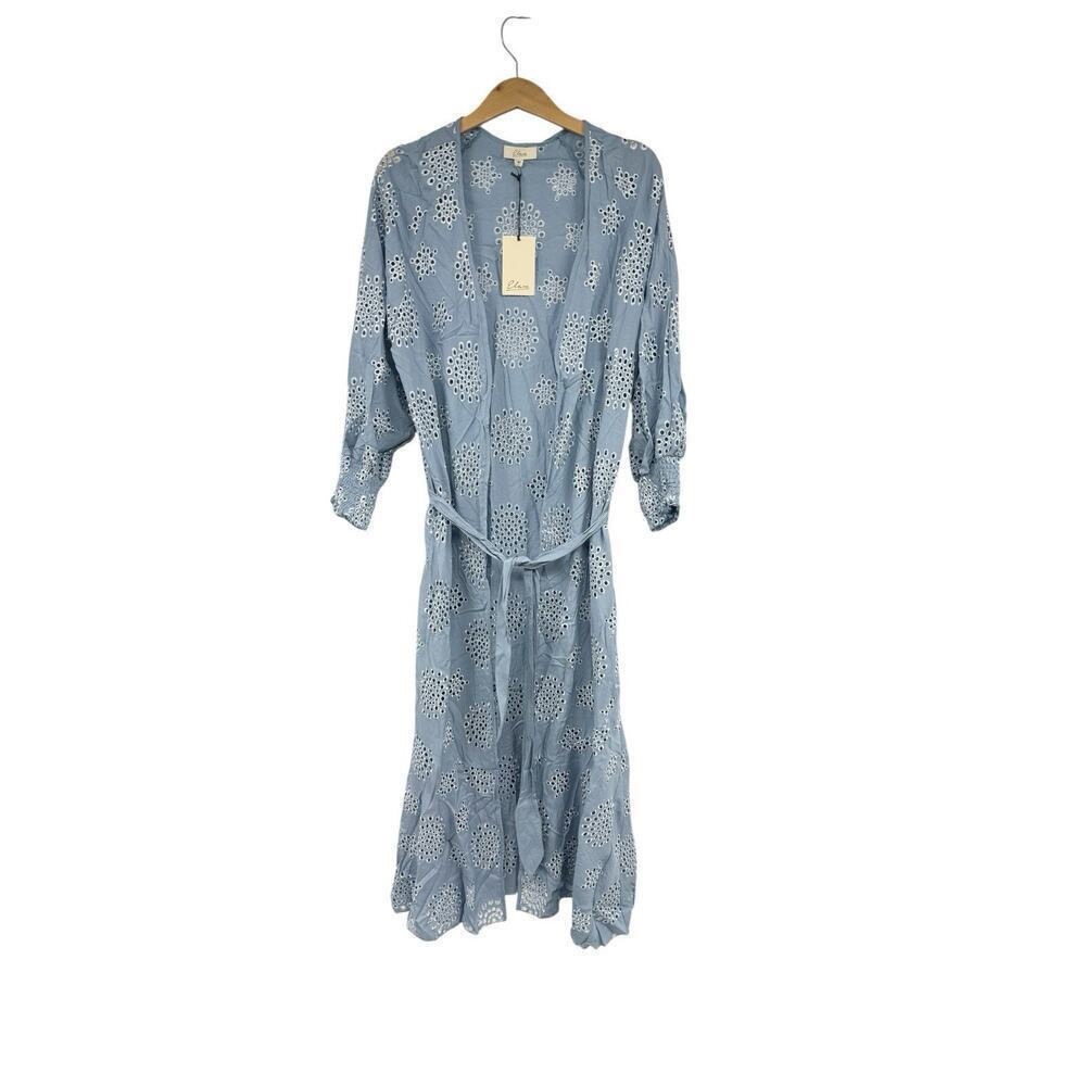 Elan Boutique Long Light Blue Embroidered Duster Length Kimono Boho Womens M New